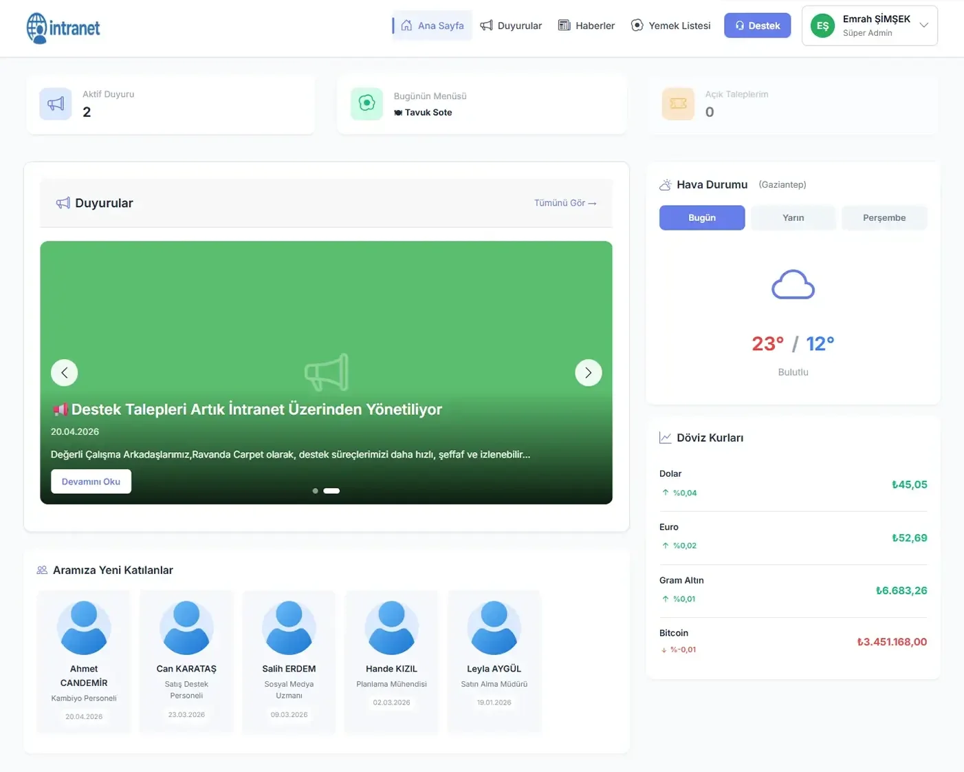 Kurumsal intranet yazılımı kullanıcı paneli ve şirket içi yönetim sistemi